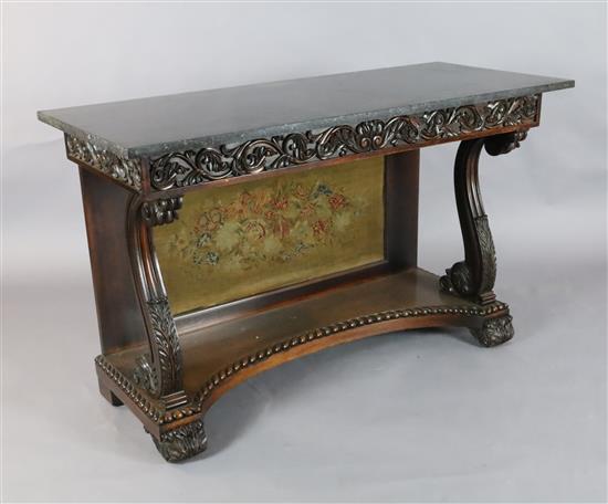 An early 19th century Anglo Indian carved rosewood console table, W.4ft 3in. D.1ft 10in. H.2ft 7in.